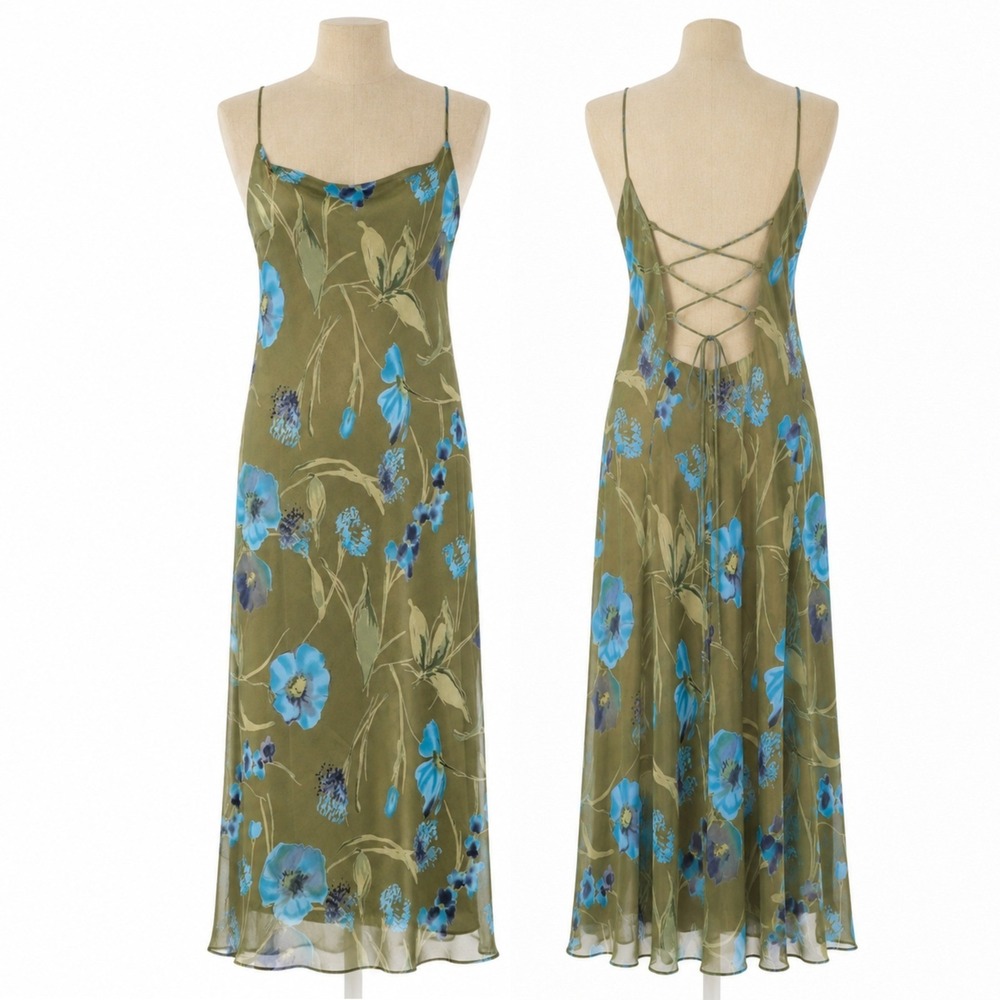 Vintage Y2K Floral Lace Up Slip Dress Sz L Forest Fairy Lined Whimsical Cocktail